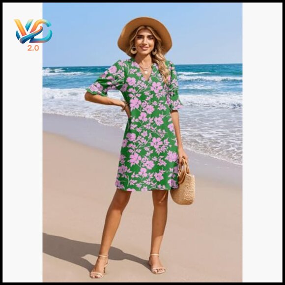 V-Neck Ruffle Sleeve Shift Dress, Polyester Casual Summer Mini - Picture 6 of 7